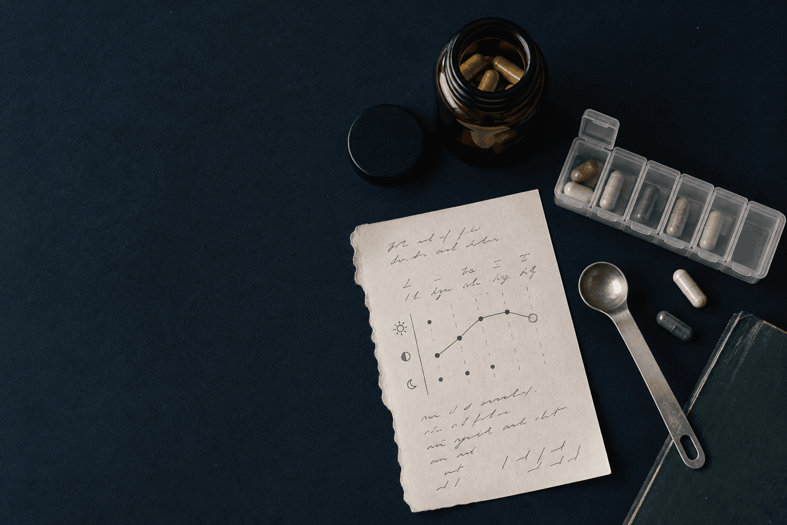 Illustrative field journal documenting a supplement routine with a bottle and timing trace